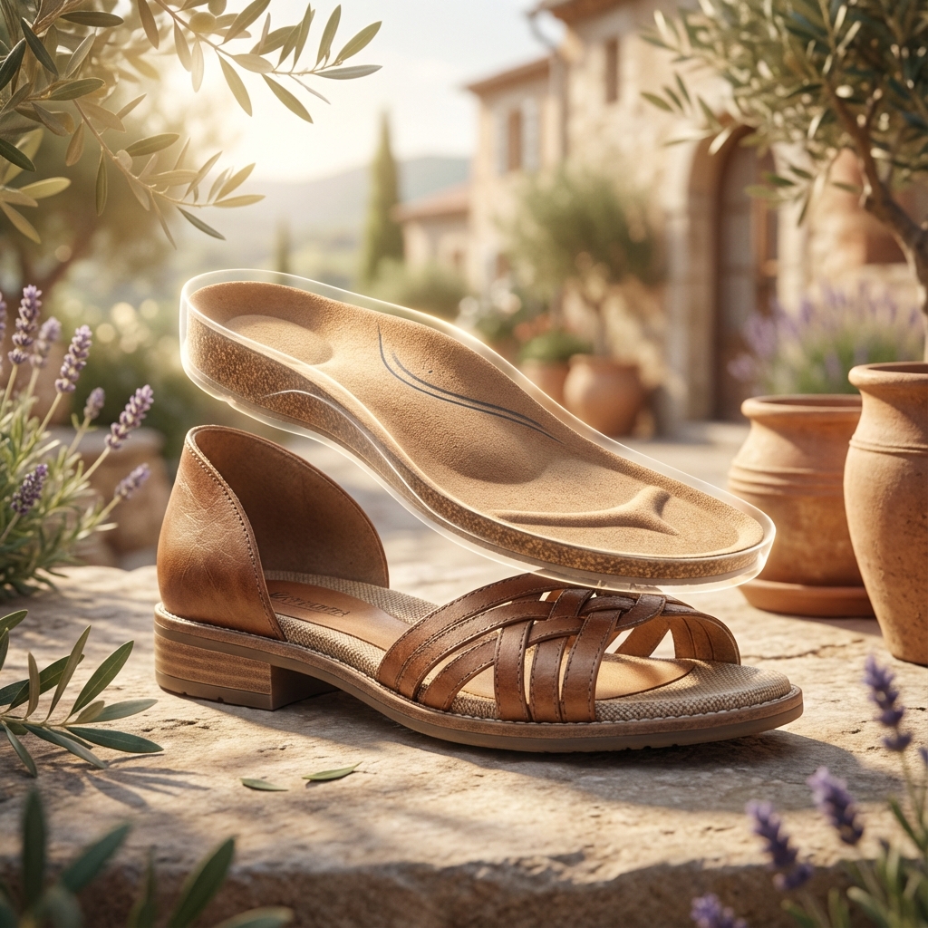 Vue éclatée de la sandale orthopédique Eospire montrant le corps de sandale et la semelle intégrée